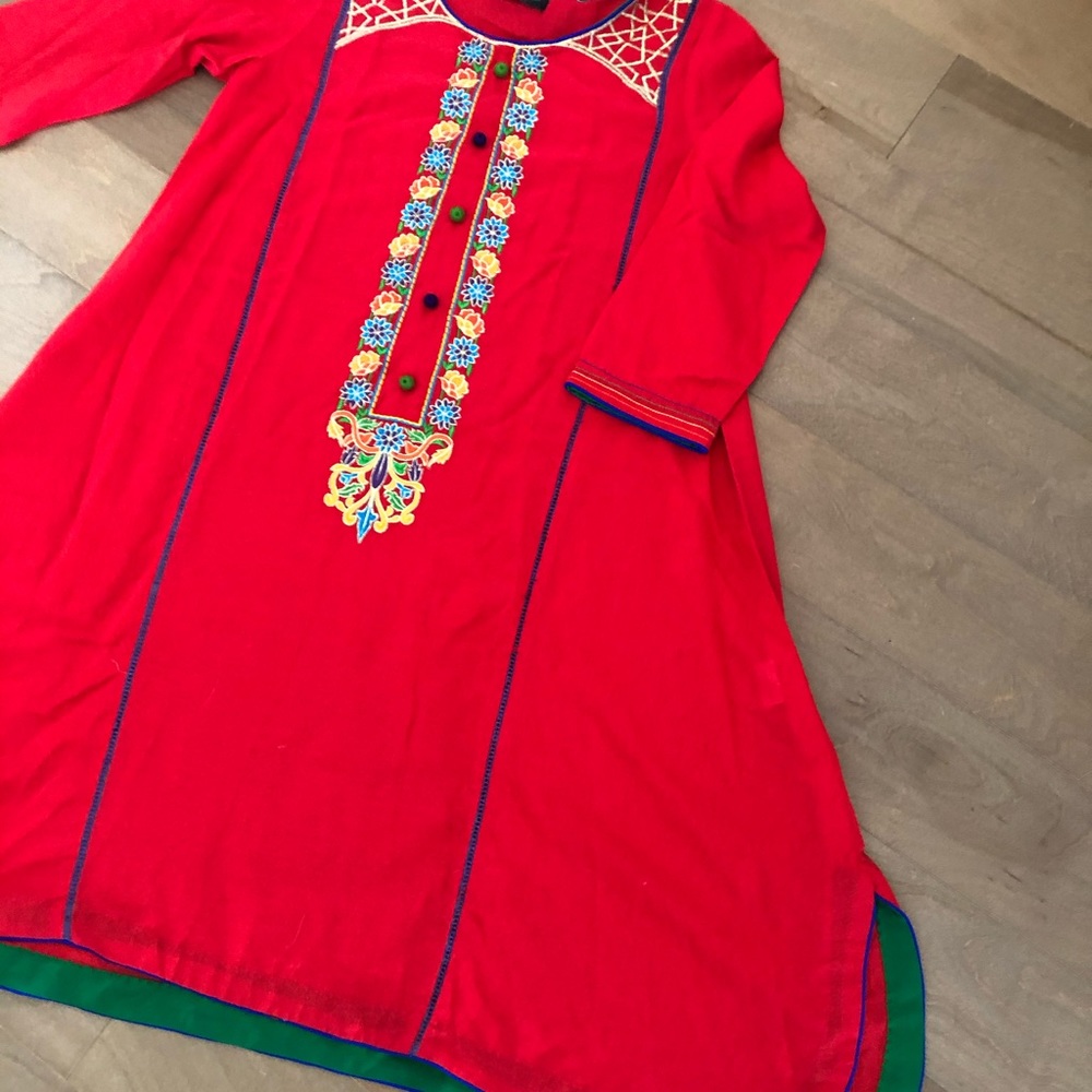 NEW A Line Red Shirt Dress or Top with Embroidery Size S Pakistani and Indian